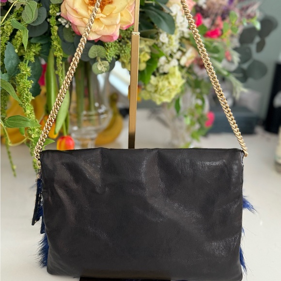 Henri Bendel Foldover Clutch / Shoulder Black Calf w/blue fur Bag ~ EUC & Rare - Picture 14 of 16